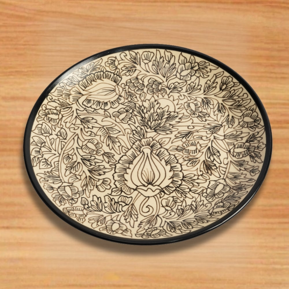 kalamkari ceramic full plate set of 6 round plates for serving snacks desserts with artistic floral pattern